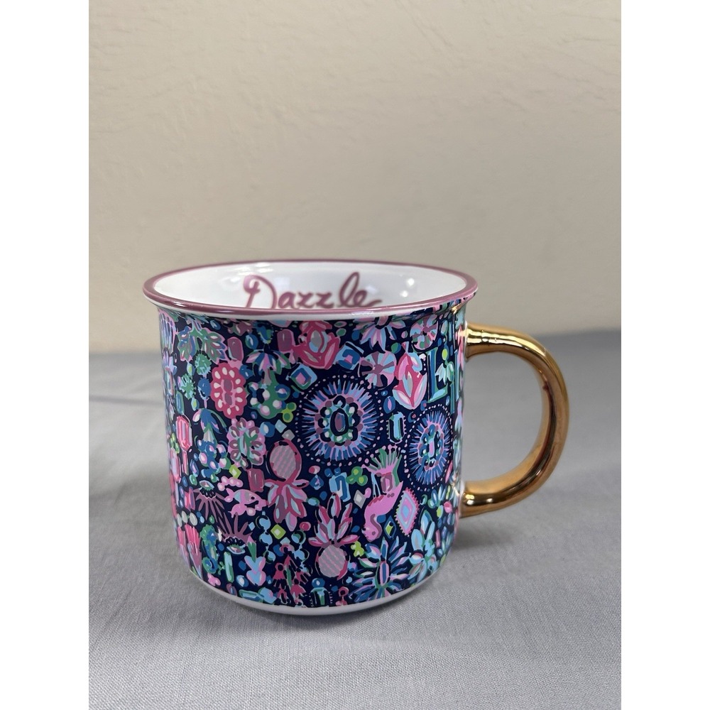 Lilly Pulitzer Dazzle Multicolored Gold Handle Coffee Mug 12oz handle‎ has wear